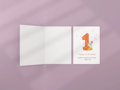 1st Birthday Card, Christian Psalm 127:3 Scripture Card, Religious Baby Birthday, Faith Milestone Greeting cute animal Giraffe Design