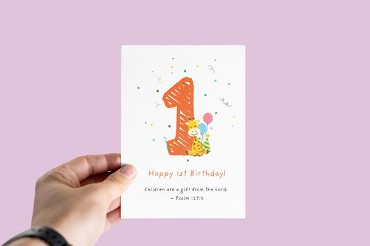 1st Birthday Card, Christian Psalm 127:3 Scripture Card, Religious Baby Birthday, Faith Milestone Greeting cute animal Giraffe Design