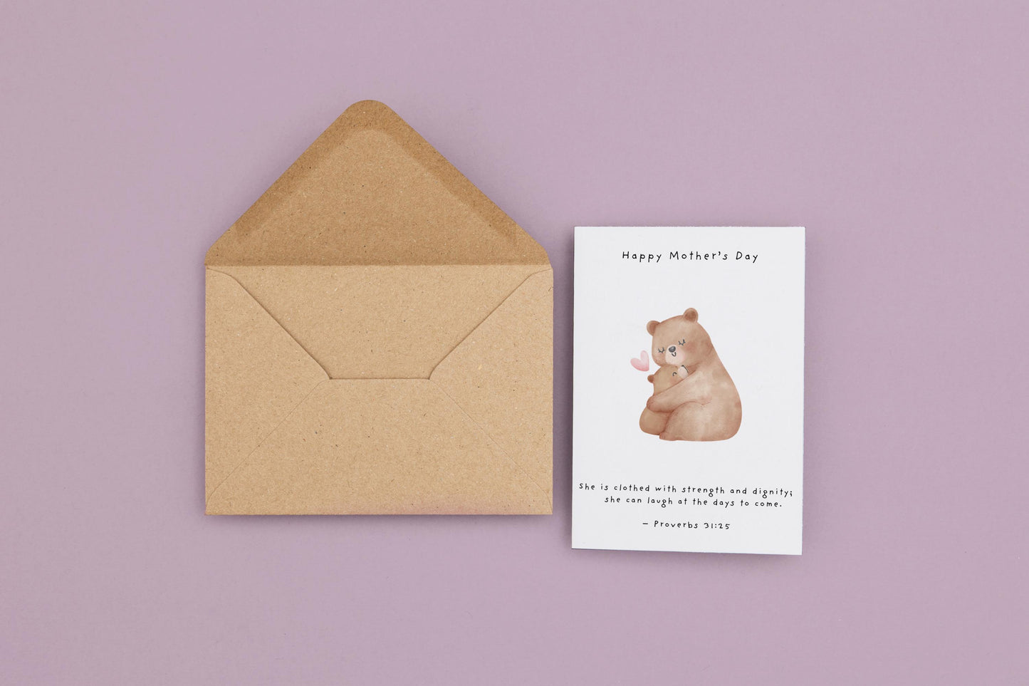 Christian Mother’s Day Card Proverbs 31:25 Scripture card for mom Religious Mum Card Faith Greeting Bear & Cub Illustration card for mum