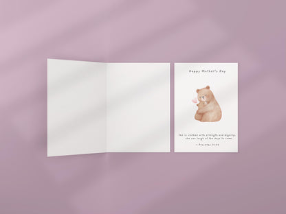Christian Mother’s Day Card Proverbs 31:25 Scripture card for mom Religious Mum Card Faith Greeting Bear & Cub Illustration card for mum