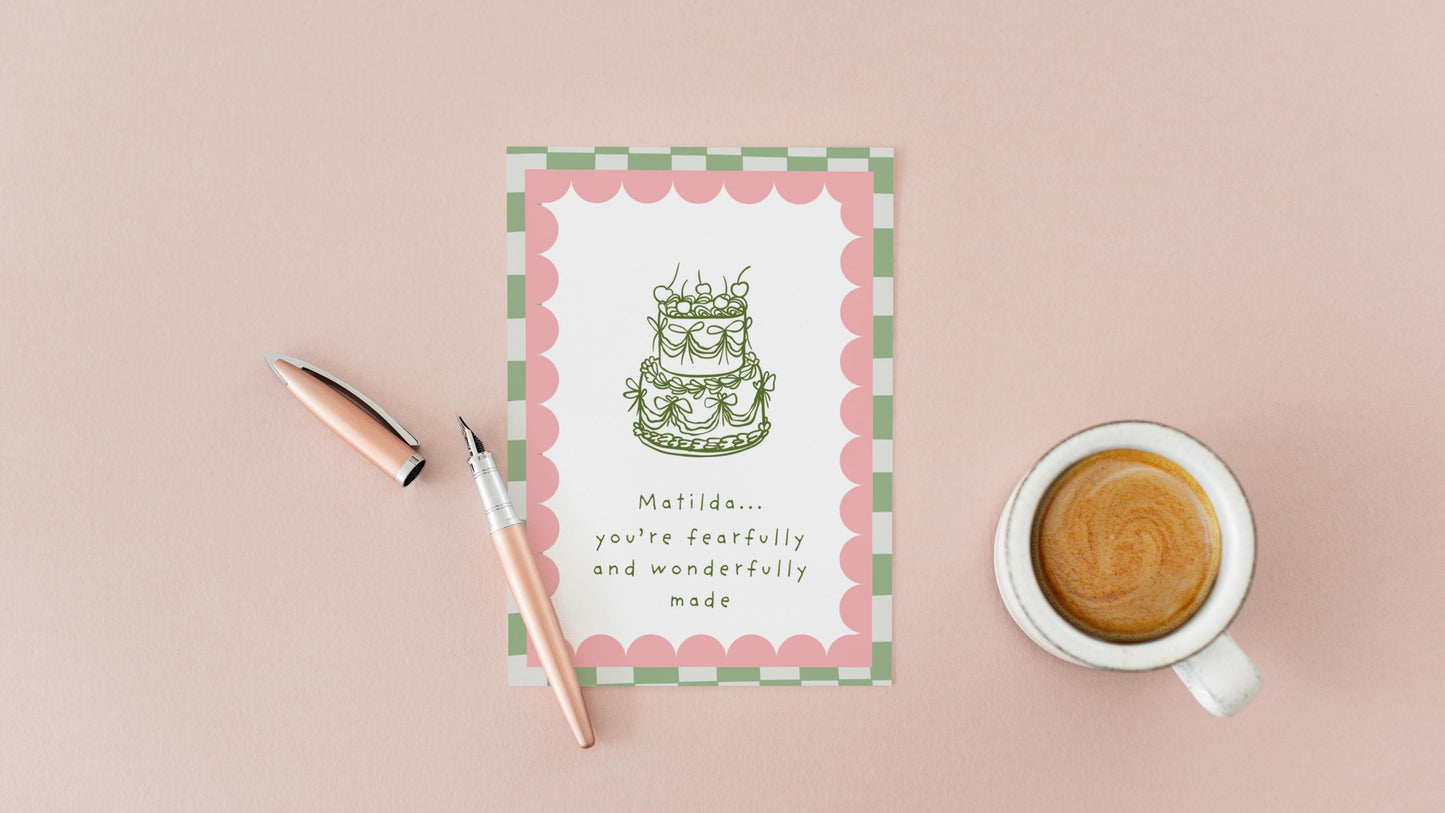 Personalised Christian Birthday Card Fearfully Wonderfully Made Bible Verse Card Religious Celebration Custom Name Cake Design Personalized
