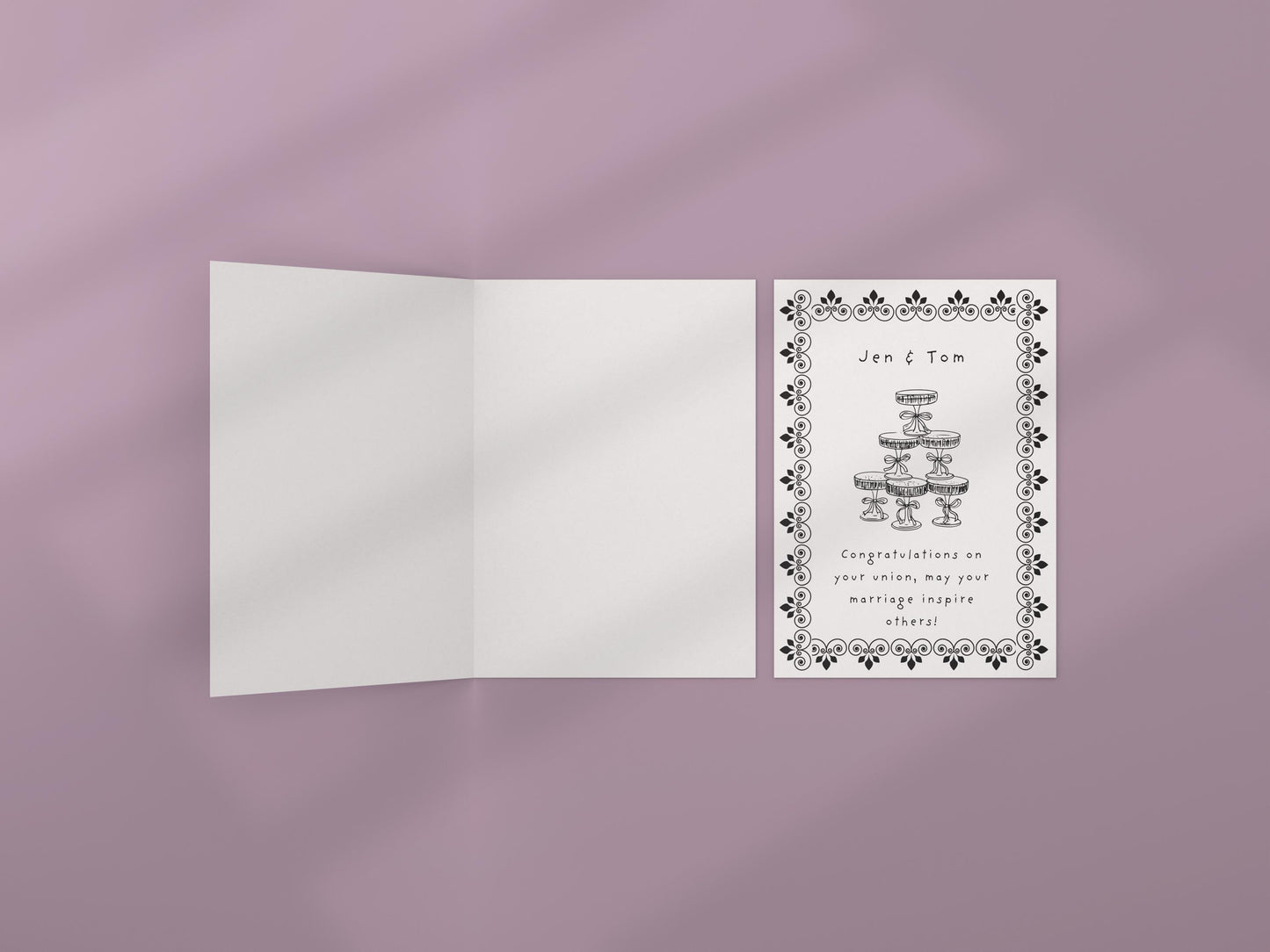 Personalized Vintage Wedding Card: Champagne Tower, Black Floral Design