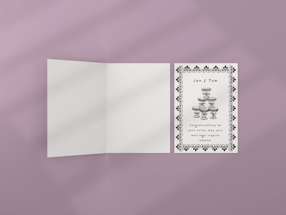 Personalized Vintage Wedding Card: Champagne Tower, Black Floral Design