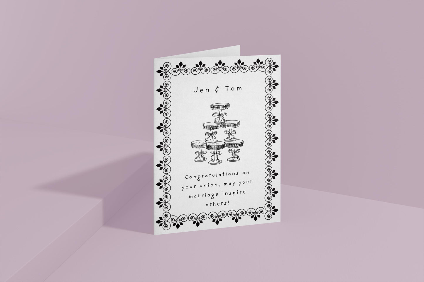Personalized Vintage Wedding Card: Champagne Tower, Black Floral Design