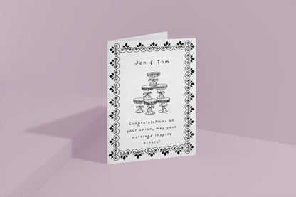 Personalized Vintage Wedding Card: Champagne Tower, Black Floral Design