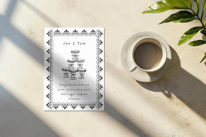 Personalized Vintage Wedding Card: Champagne Tower, Black Floral Design