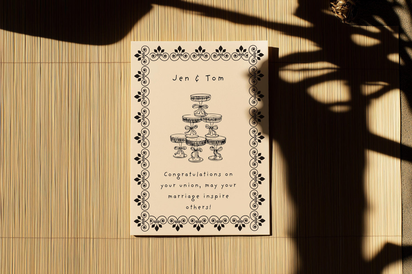 Personalized Vintage Wedding Card: Champagne Tower, Black Floral Design