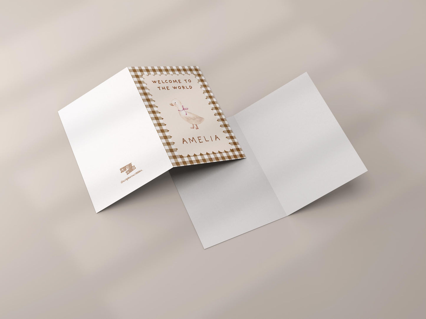 Personalized Welcome to the World Baby Card: Vintage Gingham Duck Design