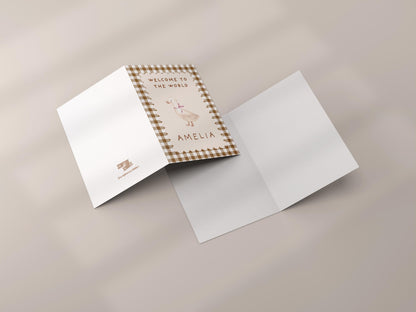 Personalized Welcome to the World Baby Card: Vintage Gingham Duck Design