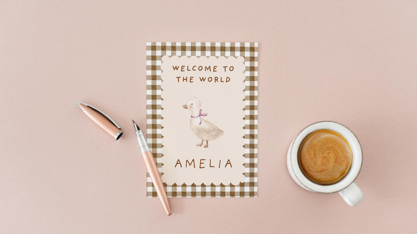 Personalized Welcome to the World Baby Card: Vintage Gingham Duck Design