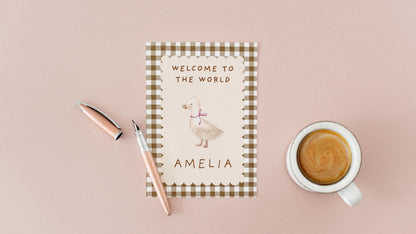 Personalized Welcome to the World Baby Card: Vintage Gingham Duck Design