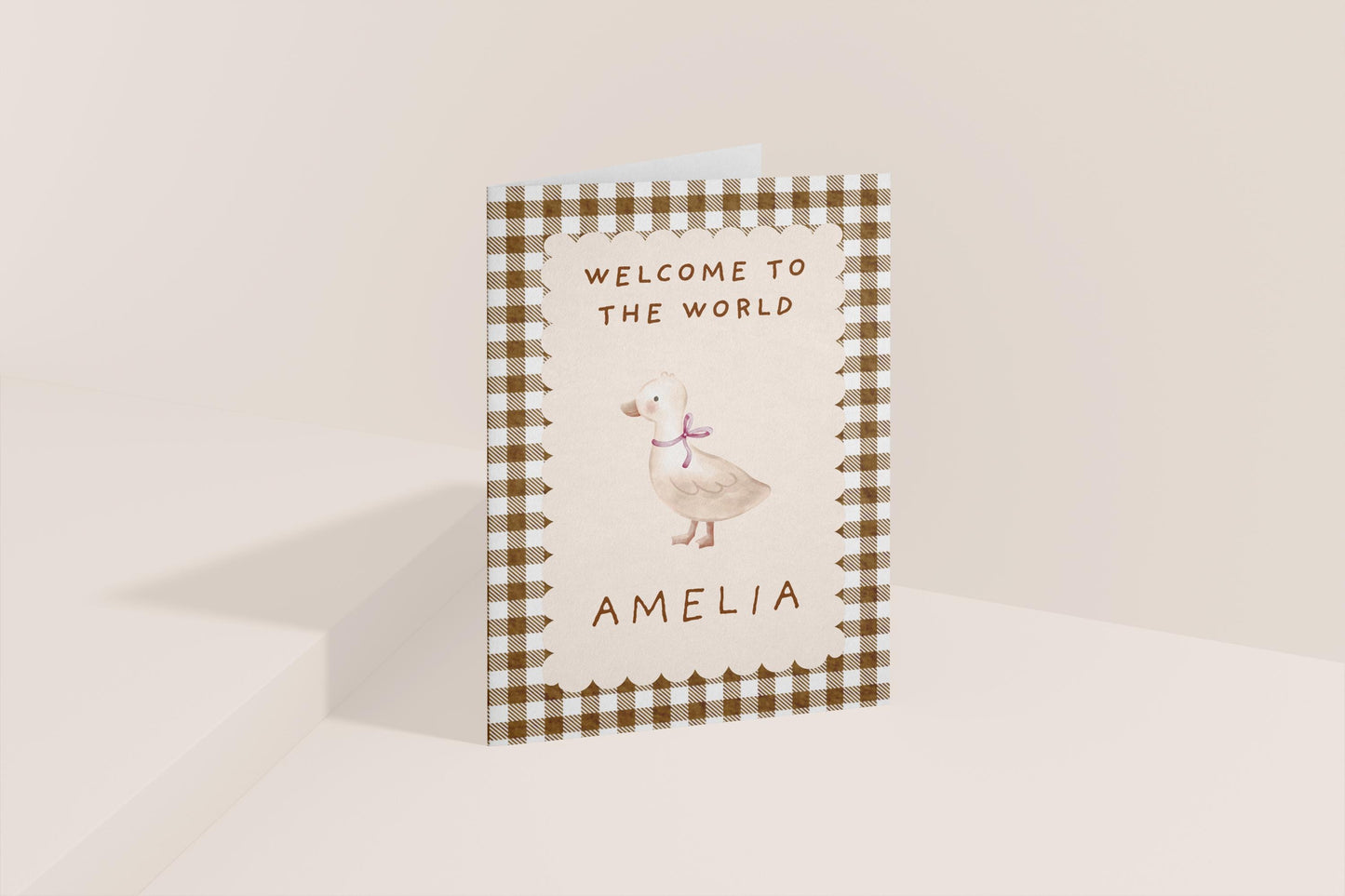 Personalized Welcome to the World Baby Card: Vintage Gingham Duck Design