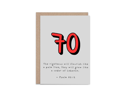 70th Birthday Card Christian Scripture, Psalm 92:12, Religious Milestone Card, Seventieth Birthday, Faith Greeting Card, Kraft Envelope