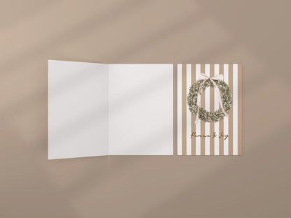 Vintage Christmas Card A6 Holiday Greeting with Kraft Envelope  Minimalist Peace and Joy Christmas Wreath Card  Rustic Festive Stationery