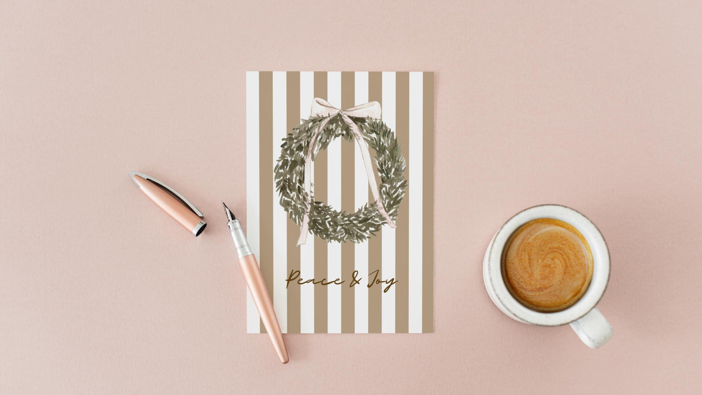 Vintage Christmas Card A6 Holiday Greeting with Kraft Envelope  Minimalist Peace and Joy Christmas Wreath Card  Rustic Festive Stationery
