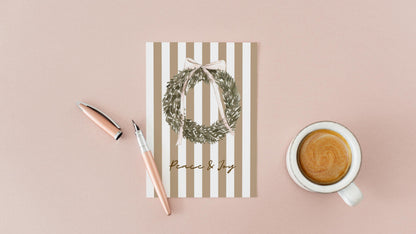 Vintage Christmas Card A6 Holiday Greeting with Kraft Envelope  Minimalist Peace and Joy Christmas Wreath Card  Rustic Festive Stationery