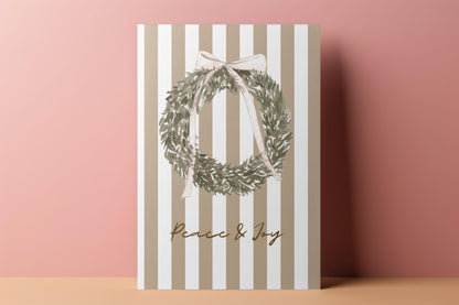 Vintage Christmas Card A6 Holiday Greeting with Kraft Envelope  Minimalist Peace and Joy Christmas Wreath Card  Rustic Festive Stationery