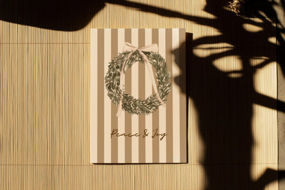 Vintage Christmas Card A6 Holiday Greeting with Kraft Envelope  Minimalist Peace and Joy Christmas Wreath Card  Rustic Festive Stationery