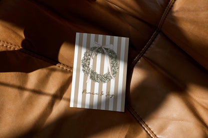 Vintage Christmas Card A6 Holiday Greeting with Kraft Envelope  Minimalist Peace and Joy Christmas Wreath Card  Rustic Festive Stationery