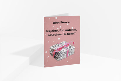 Christian Christmas Card “Good News” Gospel Message Birth of Jesus Faith Based Holiday Greeting Pink Polka Dot Design whimsical vintage