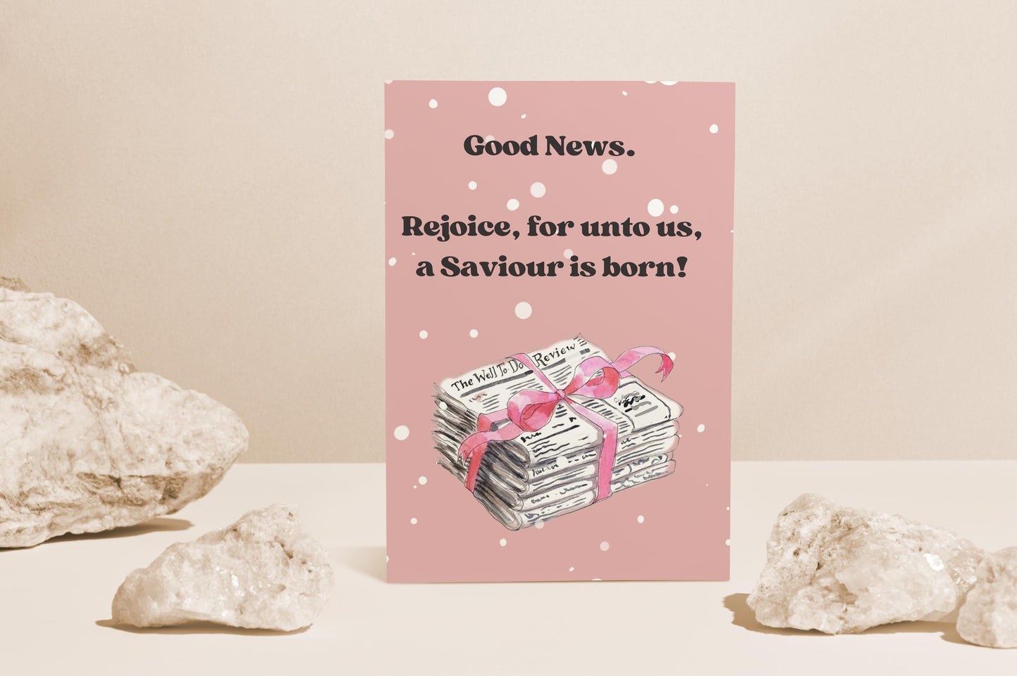 Christian Christmas Card “Good News” Gospel Message Birth of Jesus Faith Based Holiday Greeting Pink Polka Dot Design whimsical vintage
