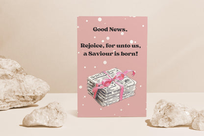Christian Christmas Card “Good News” Gospel Message Birth of Jesus Faith Based Holiday Greeting Pink Polka Dot Design whimsical vintage