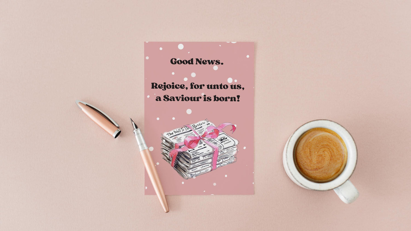 Christian Christmas Card “Good News” Gospel Message Birth of Jesus Faith Based Holiday Greeting Pink Polka Dot Design whimsical vintage