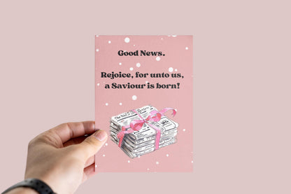 Christian Christmas Card “Good News” Gospel Message Birth of Jesus Faith Based Holiday Greeting Pink Polka Dot Design whimsical vintage