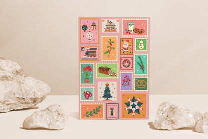 Christmas Card Festive Holiday Collage Colourful Retro Illustrations Family Friendly Greeting Cute Whimsical Xmas Design vintage design