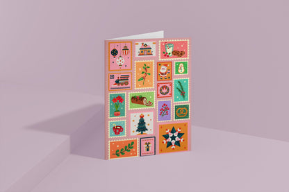 Christmas Card Festive Holiday Collage Colourful Retro Illustrations Family Friendly Greeting Cute Whimsical Xmas Design vintage design
