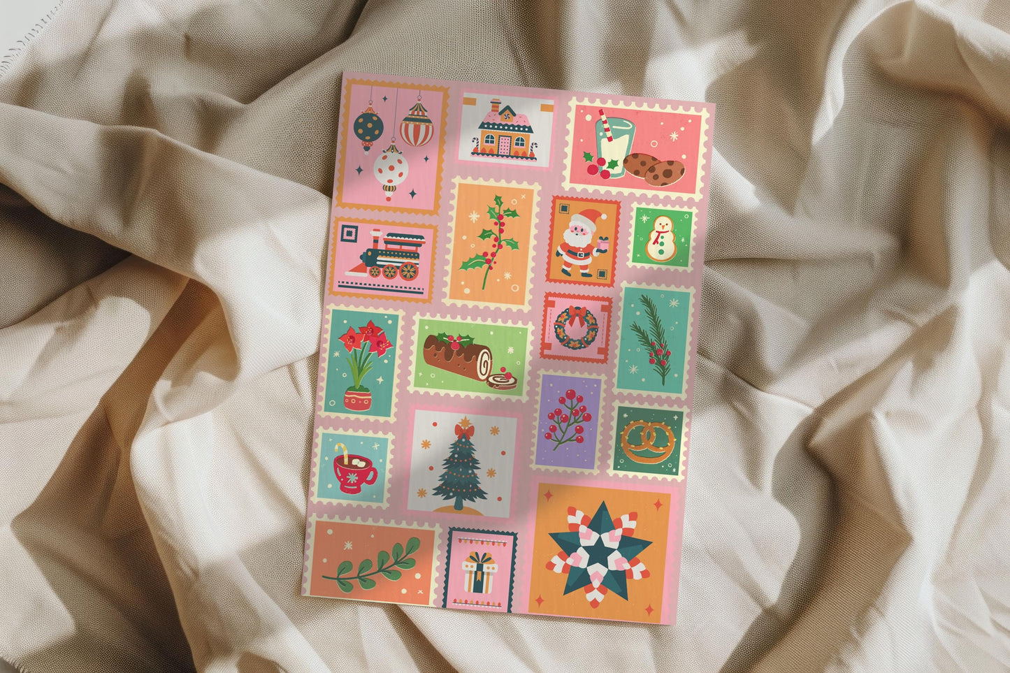 Christmas Card Festive Holiday Collage Colourful Retro Illustrations Family Friendly Greeting Cute Whimsical Xmas Design vintage design