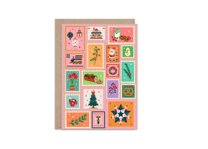 Christmas Card Festive Holiday Collage Colourful Retro Illustrations Family Friendly Greeting Cute Whimsical Xmas Design vintage design