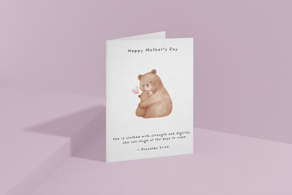 Christian Mother’s Day Card Proverbs 31:25 Scripture card for mom Religious Mum Card Faith Greeting Bear & Cub Illustration card for mum