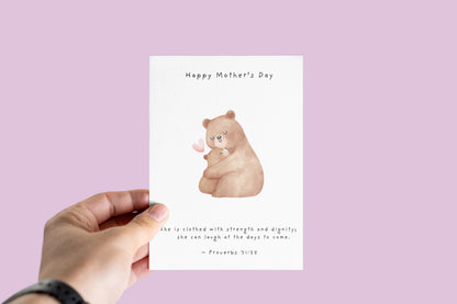 Christian Mother’s Day Card Proverbs 31:25 Scripture card for mom Religious Mum Card Faith Greeting Bear & Cub Illustration card for mum