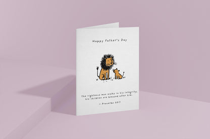Christian Father’s Day Card Lion and Cub Bible Verse Greeting Card Proverbs 20 7 Religious Dad Card from Son or Daughter Scripture Card Gift