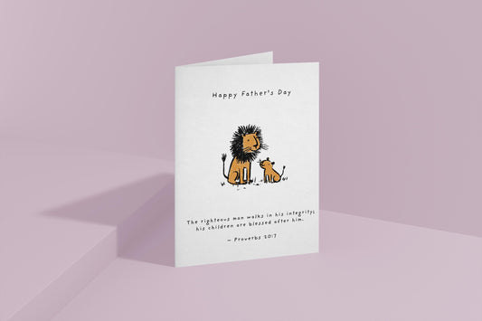 Christian Father’s Day Card Lion and Cub Bible Verse Greeting Card Proverbs 20 7 Religious Dad Card from Son or Daughter Scripture Card Gift