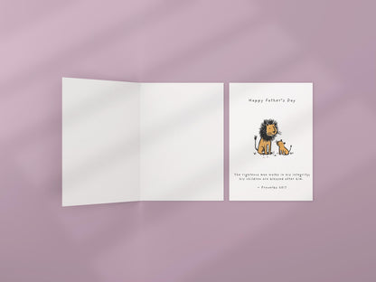 Christian Father’s Day Card Lion and Cub Bible Verse Greeting Card Proverbs 20 7 Religious Dad Card from Son or Daughter Scripture Card Gift