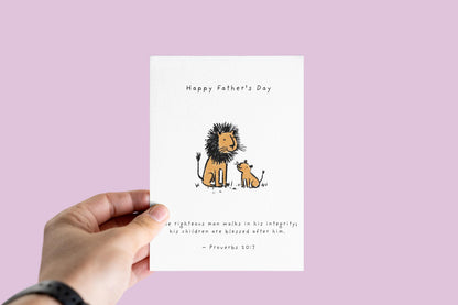 Christian Father’s Day Card Lion and Cub Bible Verse Greeting Card Proverbs 20 7 Religious Dad Card from Son or Daughter Scripture Card Gift