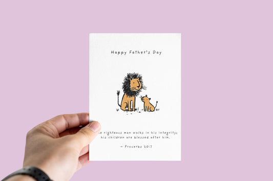 Christian Father’s Day Card Lion and Cub Bible Verse Greeting Card Proverbs 20 7 Religious Dad Card from Son or Daughter Scripture Card Gift