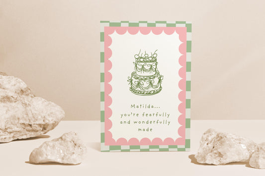Personalised Christian Birthday Card Fearfully Wonderfully Made Bible Verse Card Religious Celebration Custom Name Cake Design Personalized