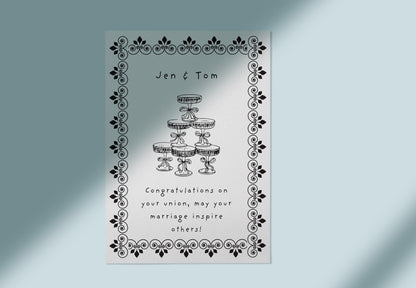 Personalized Vintage Wedding Card: Champagne Tower, Black Floral Design
