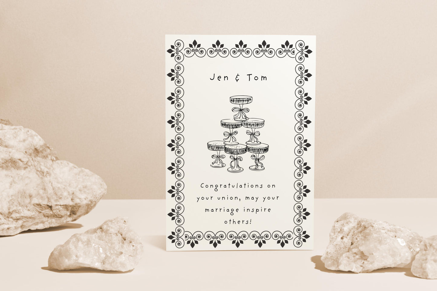 Personalized Vintage Wedding Card: Champagne Tower, Black Floral Design