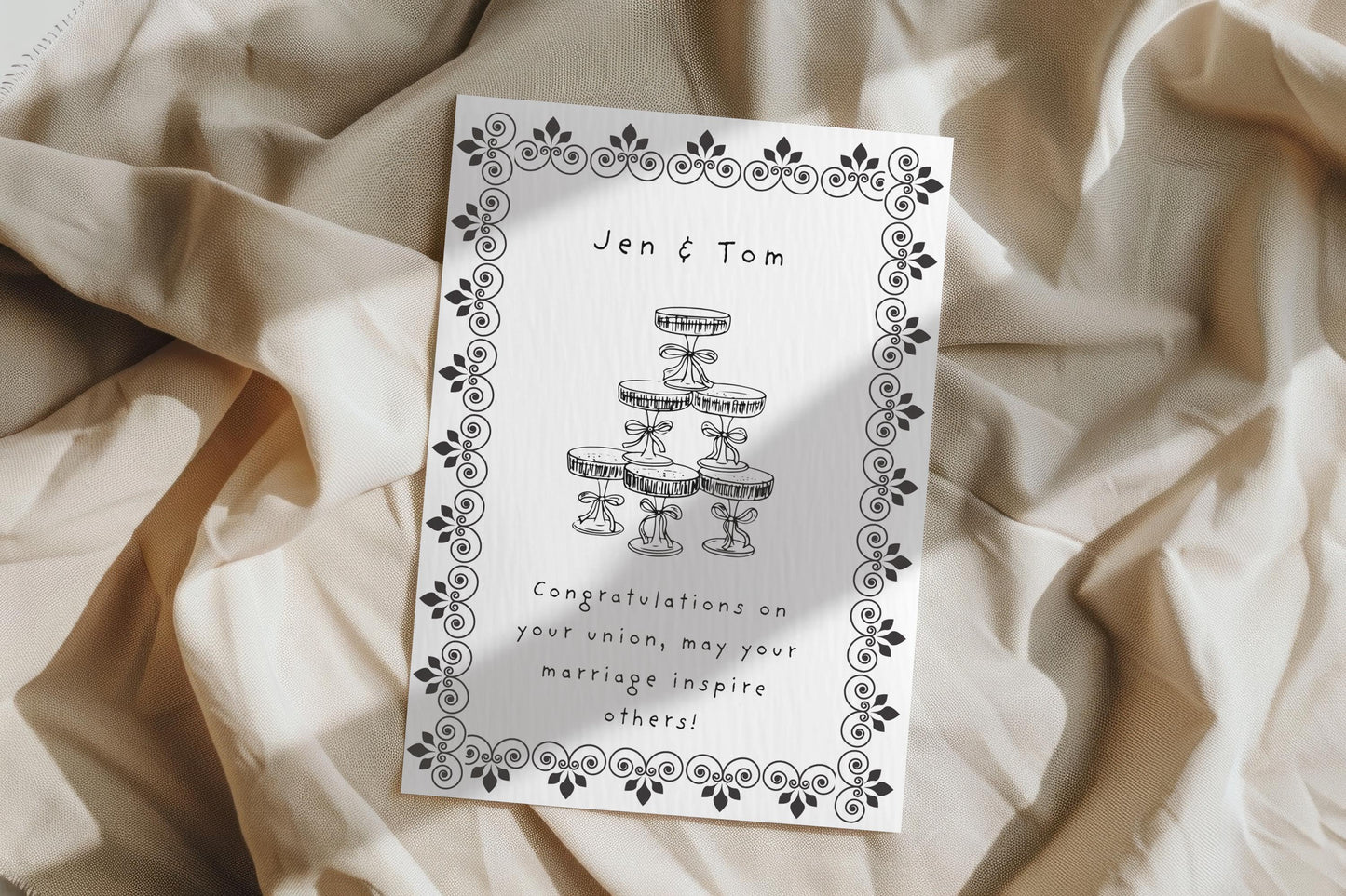 Personalized Vintage Wedding Card: Champagne Tower, Black Floral Design