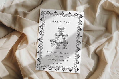 Personalized Vintage Wedding Card: Champagne Tower, Black Floral Design