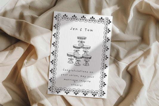 Personalized Vintage Wedding Card: Champagne Tower, Black Floral Design