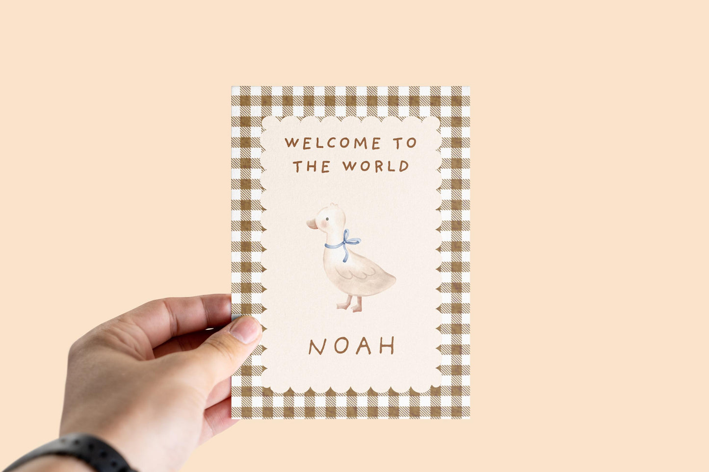 Personalized Welcome to the World Baby Card: Vintage Gingham Duck Design