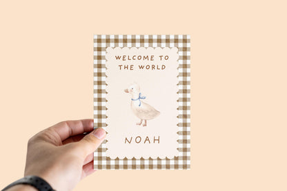 Personalized Welcome to the World Baby Card: Vintage Gingham Duck Design