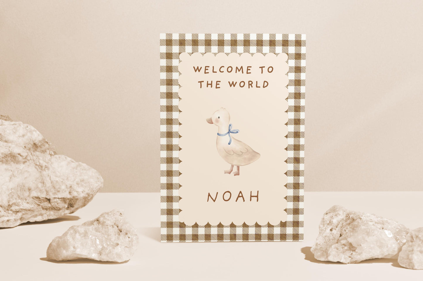 Personalized Welcome to the World Baby Card: Vintage Gingham Duck Design
