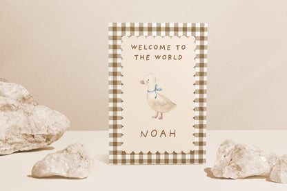 Personalized Welcome to the World Baby Card: Vintage Gingham Duck Design