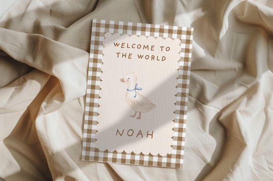 Personalized Welcome to the World Baby Card: Vintage Gingham Duck Design